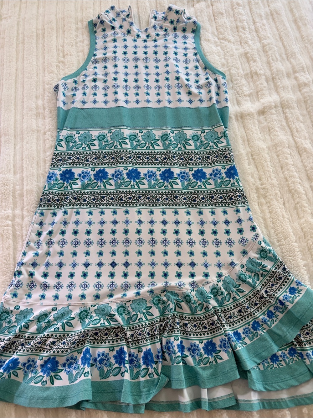 Women’s Sleeveless Floral Border Midi Dress in Teal and Blue